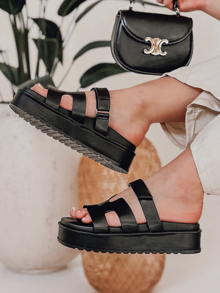 Klapki damskie na rzepy PLATFOR czarne Dstreet