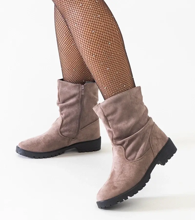 marka niezdefiniowana Brown gathered ankle boots made of eco-suede Hinda