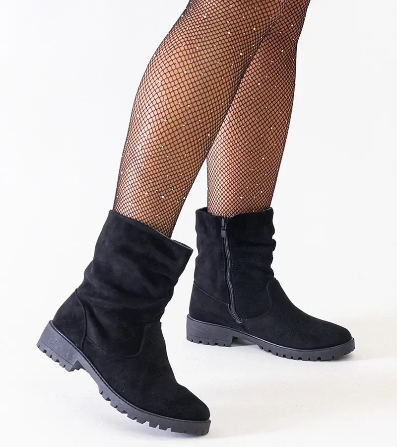 marka niezdefiniowana Black gathered ankle boots made of eco-suede Hinda