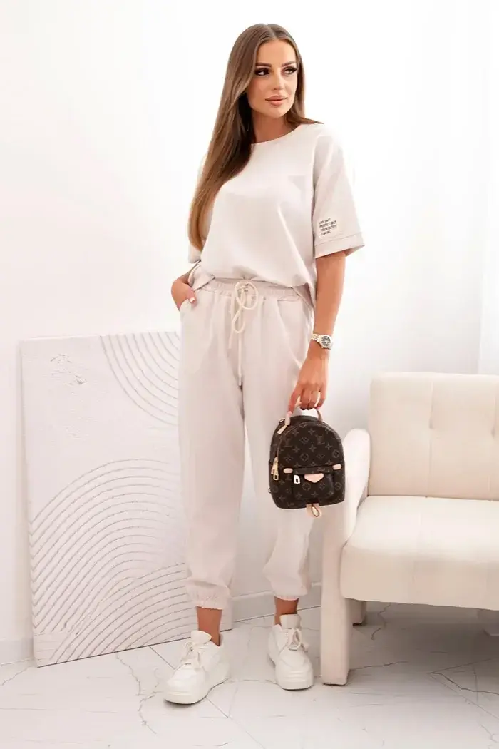 Kesi Włoski Dámský viskózový komplet s krátkým rukávem a nohavicemi béžový