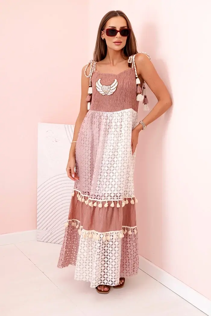 Kesi Włoski Dámské boho šaty s ramínky s výšivkou a krajkou velbloud