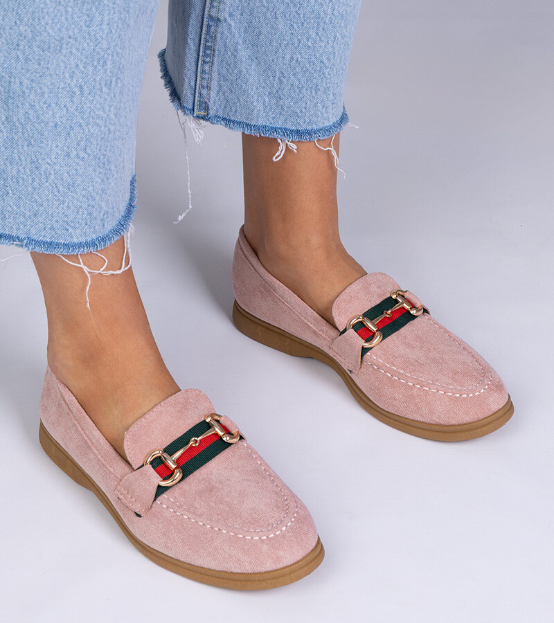 marka niezdefiniowana Pink suede loafers with gold decoration Daliana
