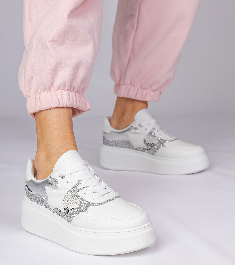 marka niezdefiniowana White glitter sneakers with animal print Bertula