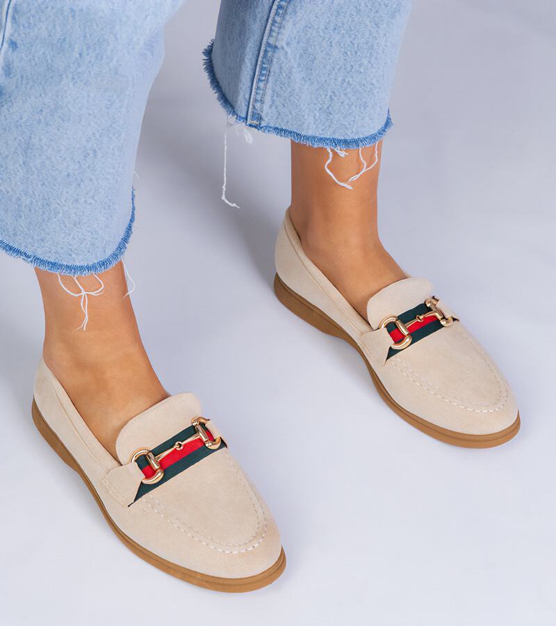 marka niezdefiniowana Beige suede loafers with gold decoration Daliana