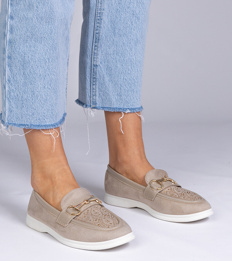 marka niezdefiniowana Cream suede loafers with rhinestones Minilla