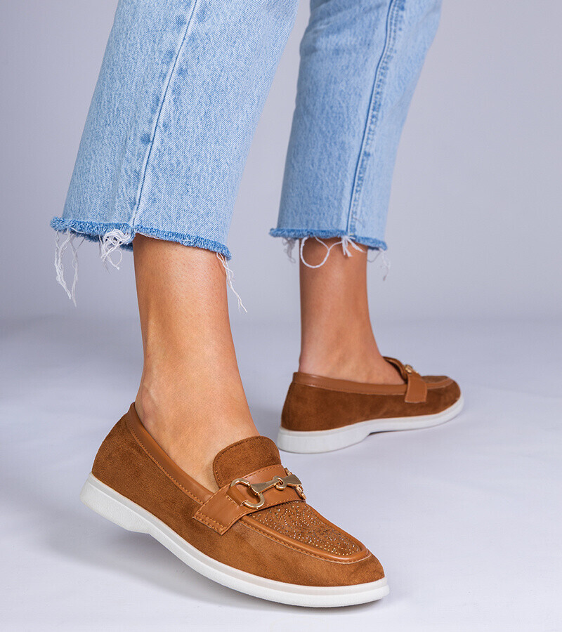 marka niezdefiniowana Brown suede loafers with rhinestones Minilla