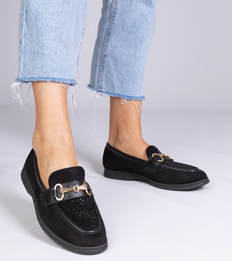 marka niezdefiniowana Black suede loafers with rhinestones Minilla