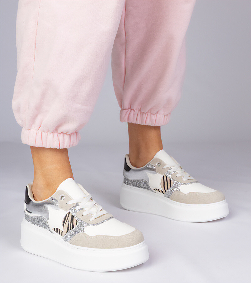 marka niezdefiniowana Beige glitter sneakers with animal print Bertula