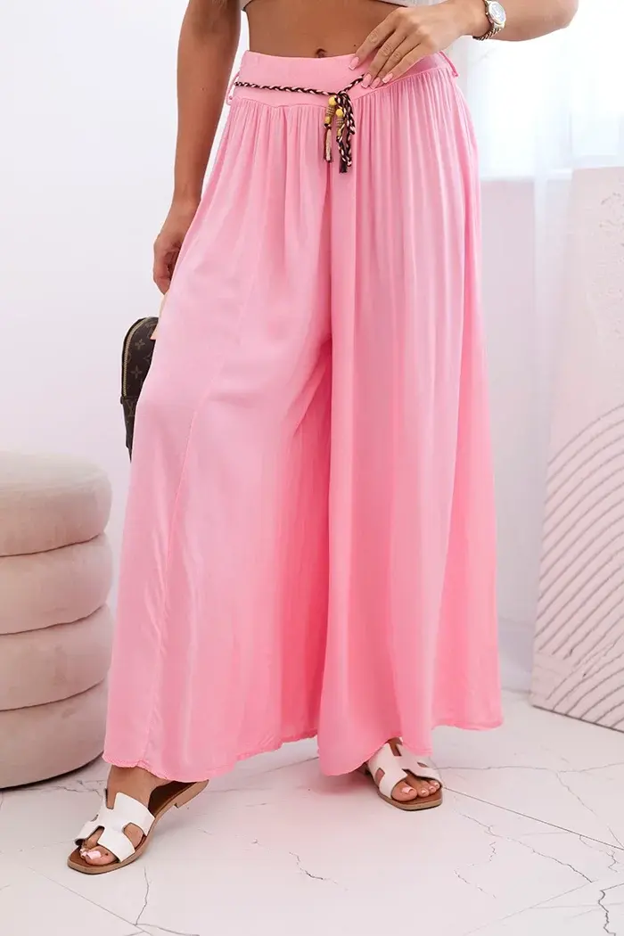 Kesi Włoski Dámské kalhoty z viskózy se širokými nohavicemi bonbónově růžová