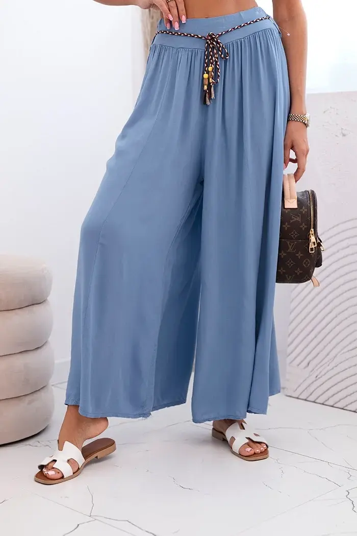 Kesi Włoski Dámské kalhoty z viskózy se širokými nohavicemi džínovina