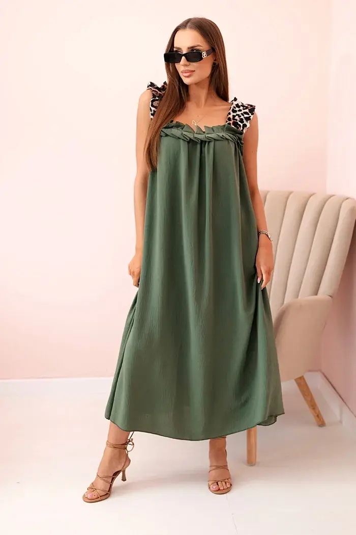 Kesi Włoski Dámské šaty s ramínky s leopardím potiskem khaki