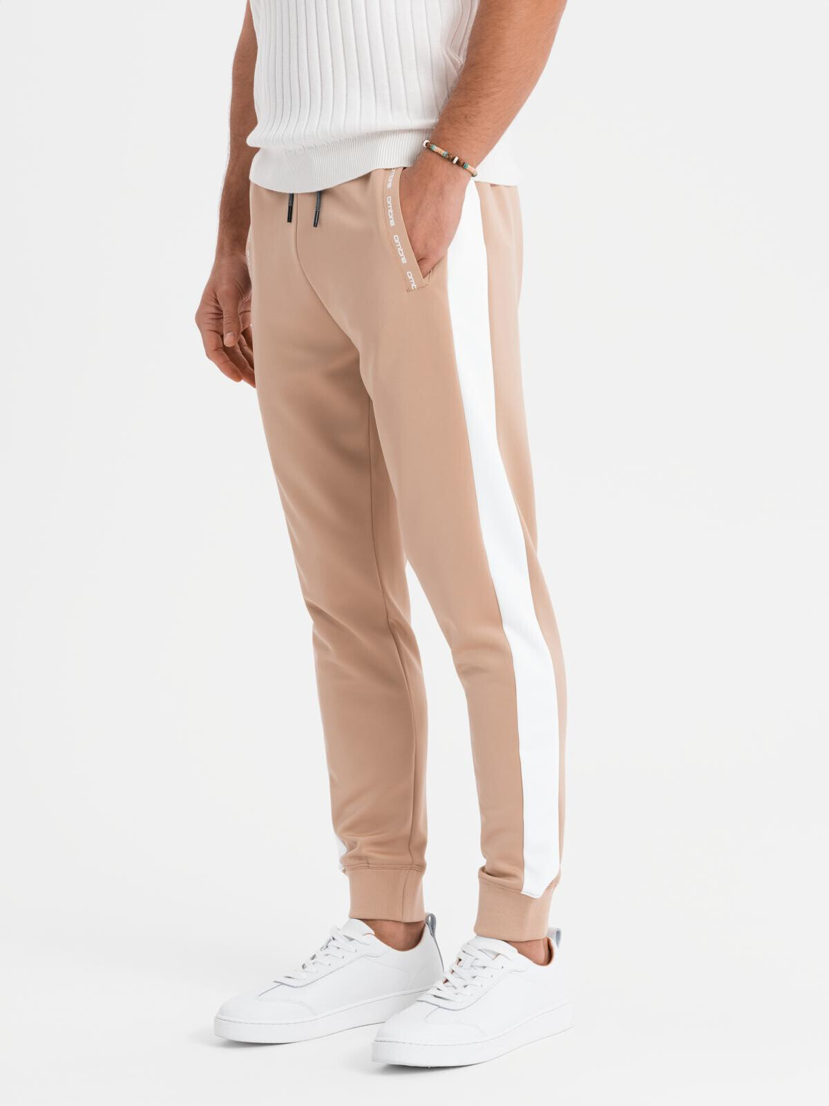 Ombre Men's sweatpants joggers with contrasting stripes - beige