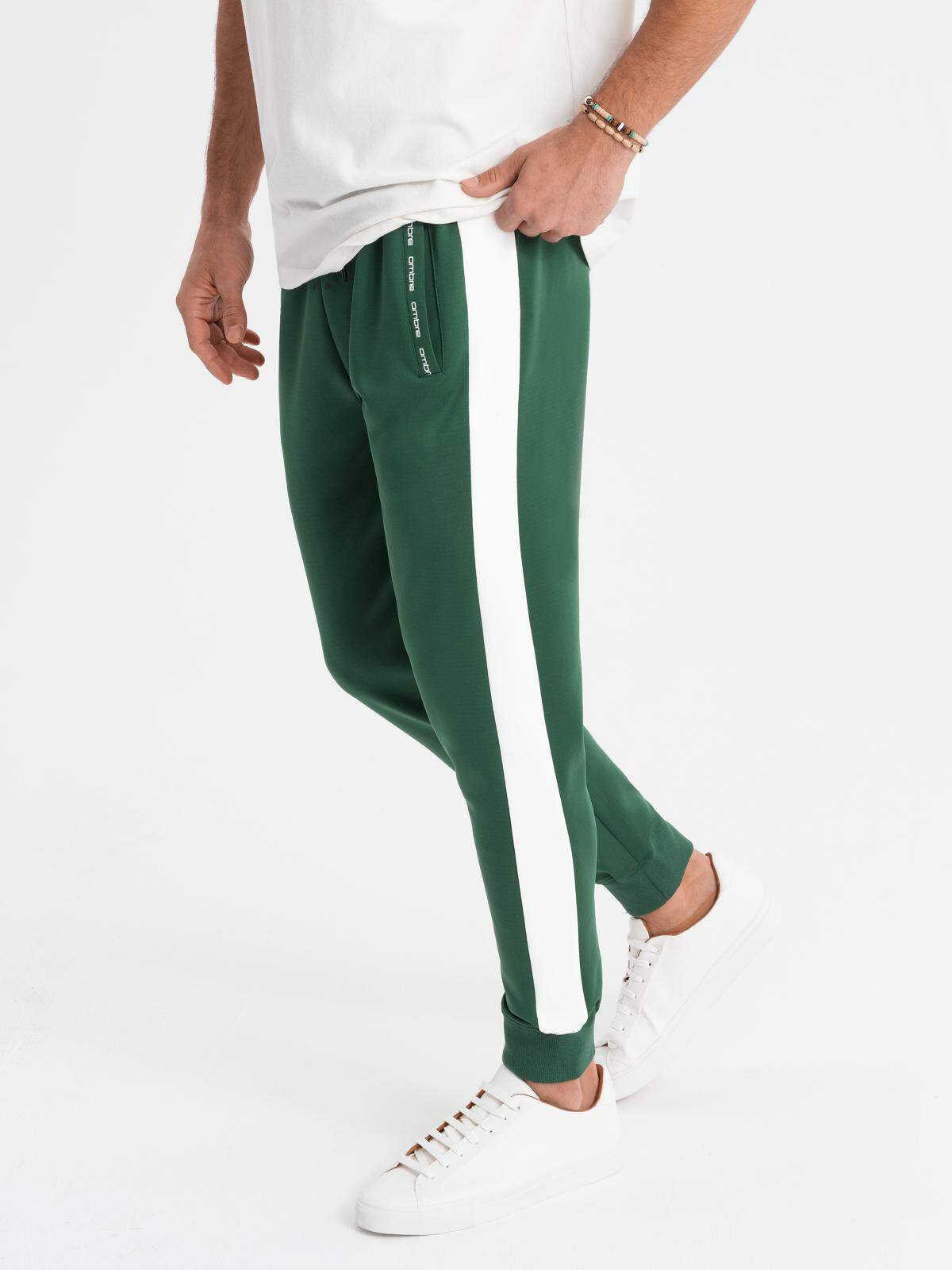 Ombre Men's sweatpants joggers with contrasting stripes - dark green