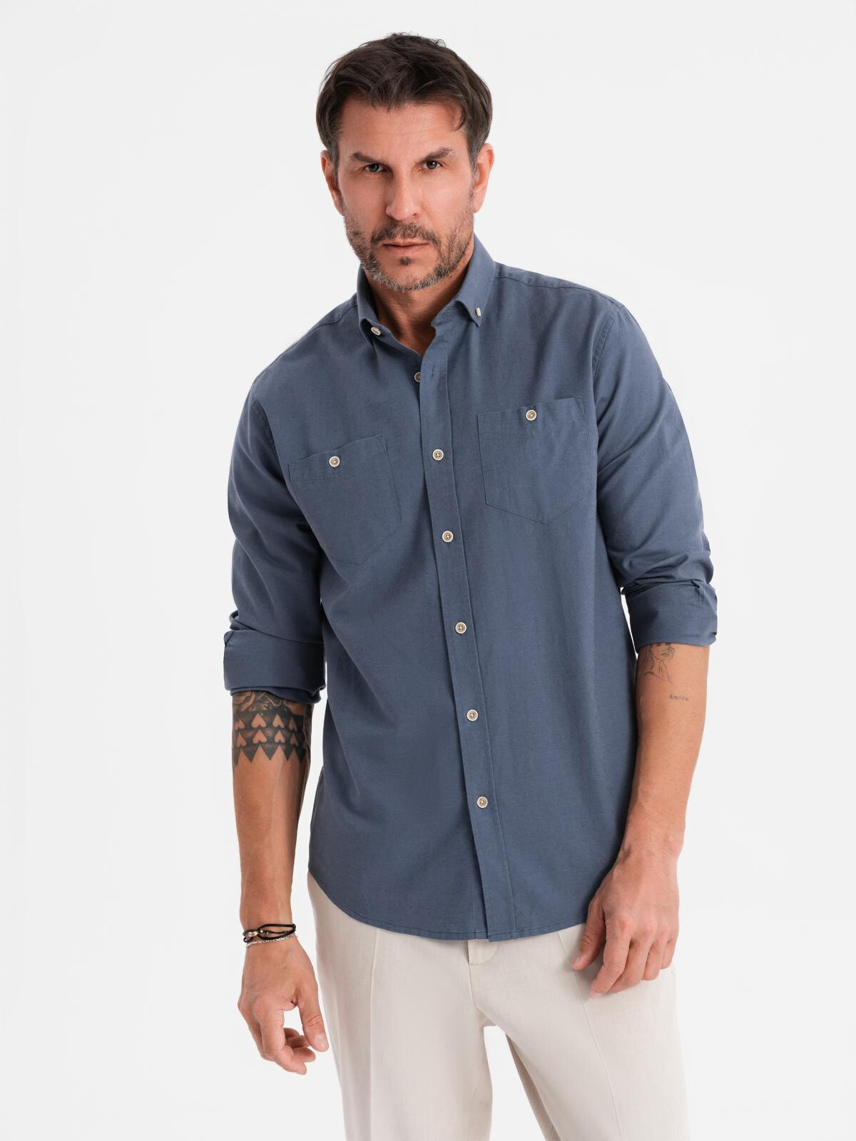 Ombre Men's linen shirt with classic collar and pockets REGULAR FIT - blue
