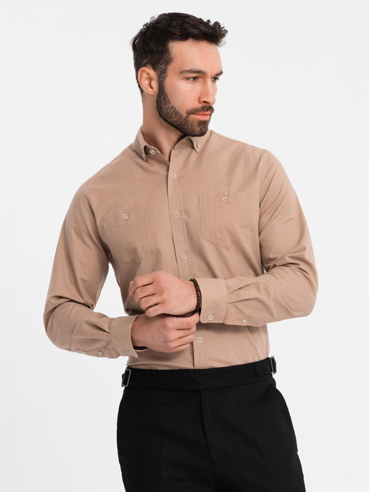 Ombre Men's linen shirt with classic collar and pockets REGULAR FIT - light brown