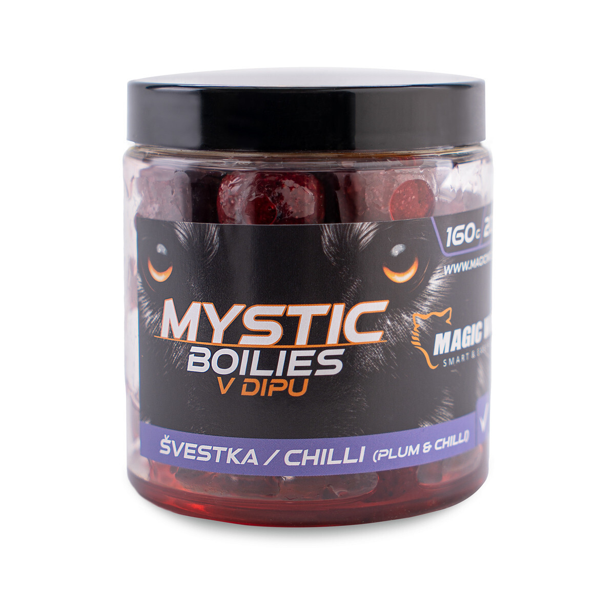 MAGIC WOLF MYSTIC Boilies v dipu 20mm/160g Švestka / chilli