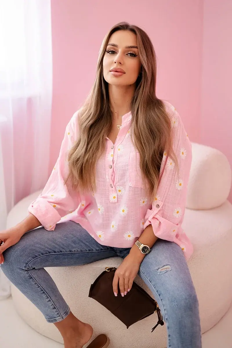 Kesi Włoski Lněná dámská halenka s květinovým vzorem, dlouhými rukávy a knoflíky Cukrová růžová