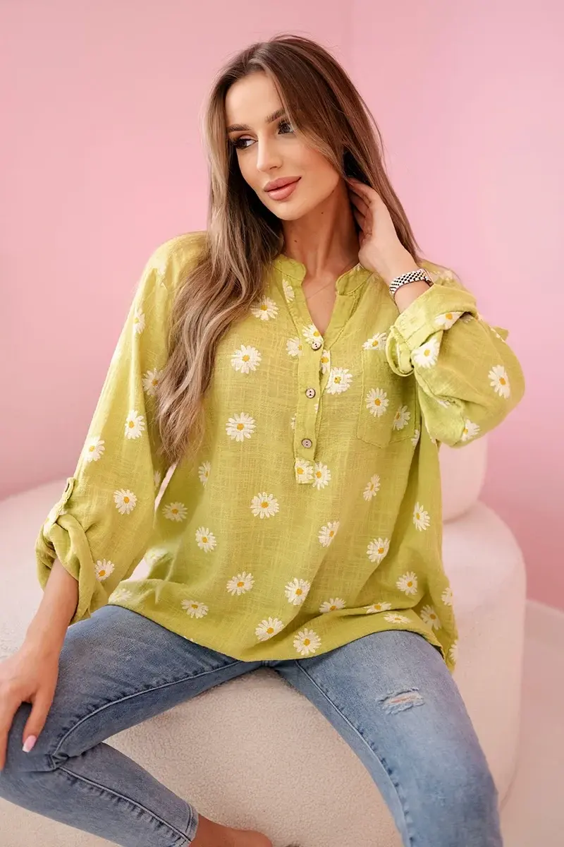 Kesi Włoski Lněná dámská halenka s květinovým vzorem, dlouhými rukávy a knoflíky kiwi