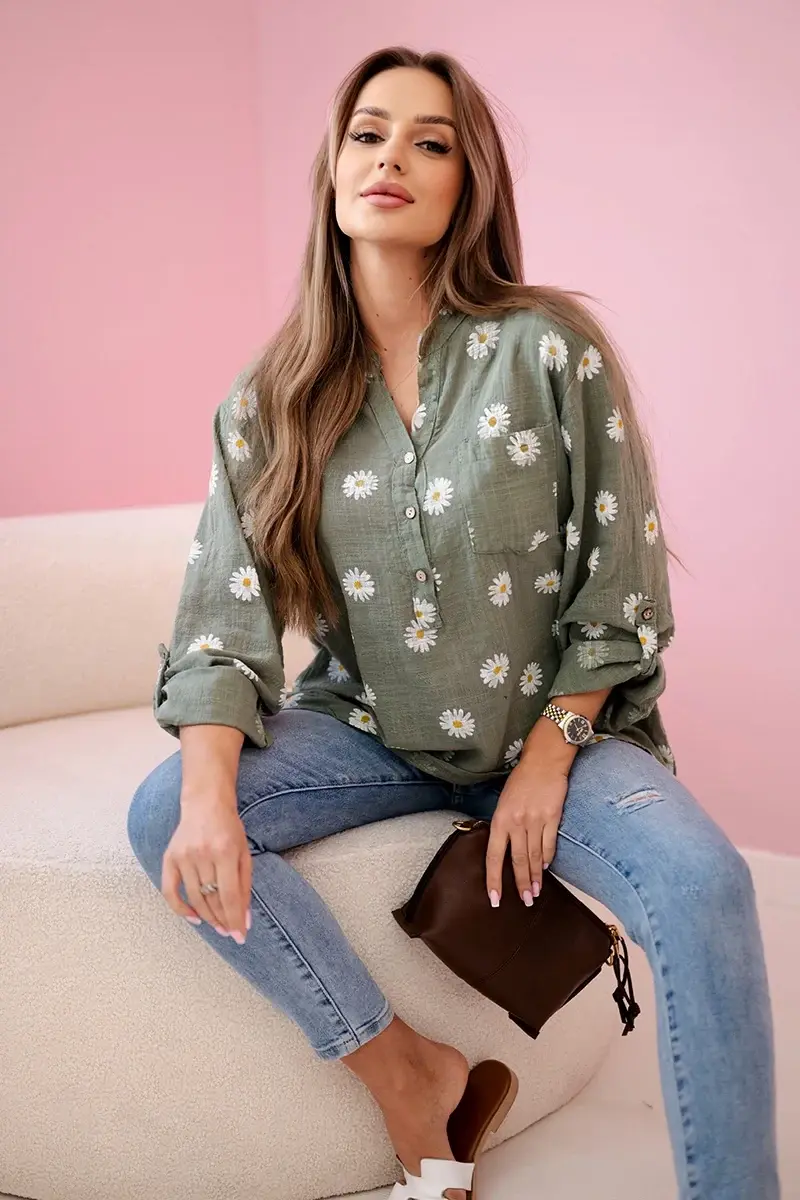 Kesi Włoski Lněná dámská halenka s květinovým vzorem, dlouhými rukávy a knoflíky khaki