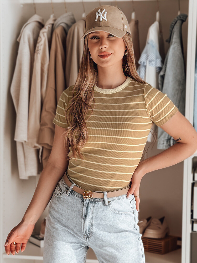 T-shirt damskie basic w paski LINESS kamelowy Dstreet