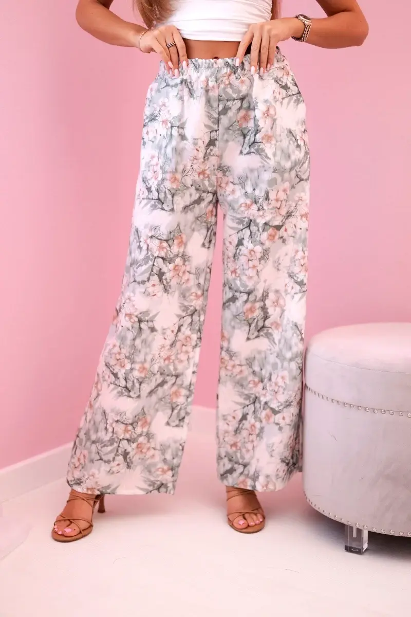 Kesi Włoski Dámské široké kalhoty s květinovým potiskem tmavá máta