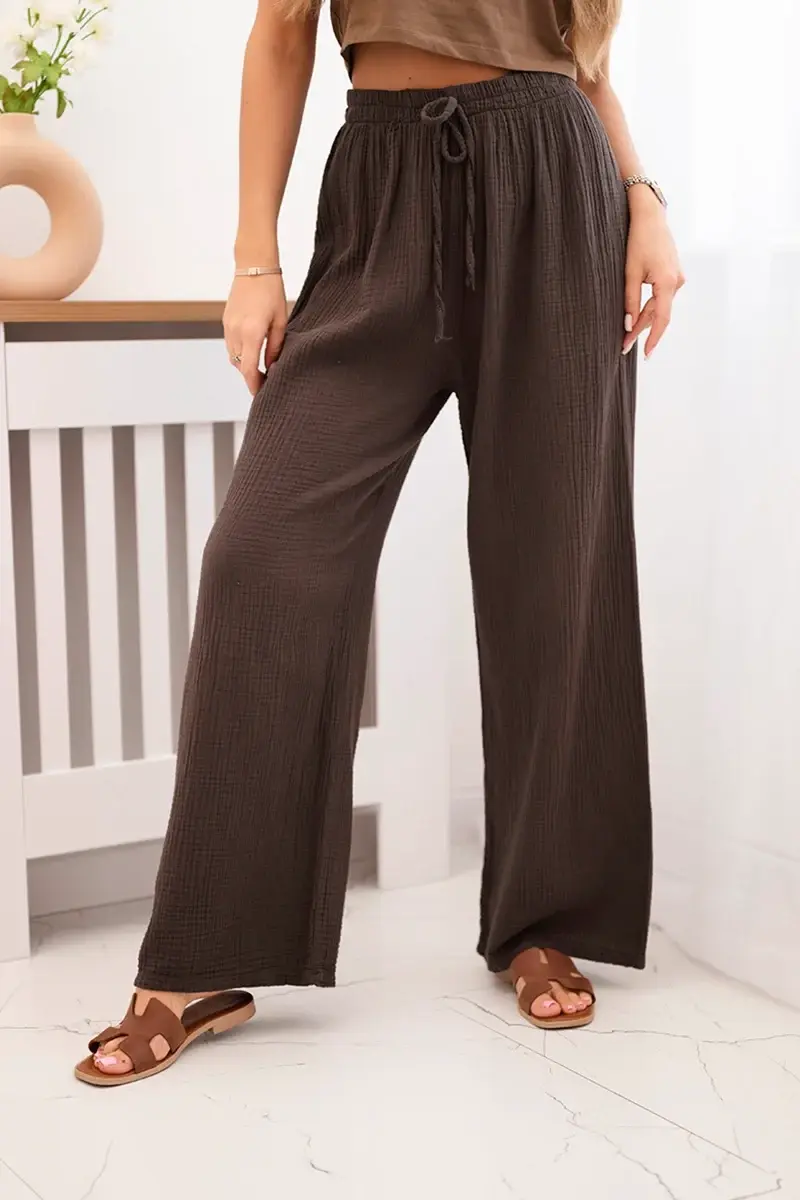 Kesi Włoski Mušelínové kalhoty se širokou nohavicí hnědý