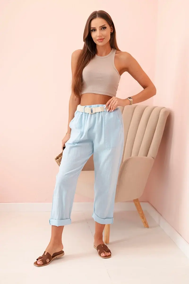 Kesi Włoski Dámské lněné kalhoty s bavlnou a páskem modré