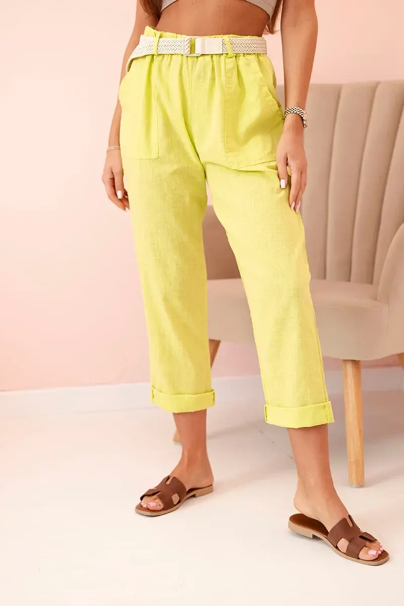 Kesi Włoski Dámské lněné kalhoty s bavlnou a páskem kiwi