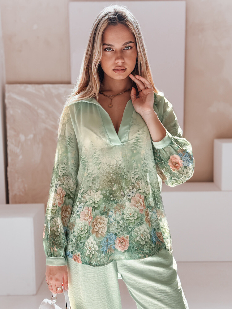 Koszula damska oversize w kwiaty KWIACYNTA zielona Dstreet