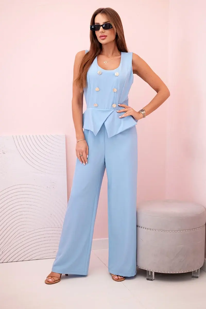 Kesi Włoski Dámská kombinéza bez rukávů s širokými nohavicemi a ozdobnými knoflíky modrý