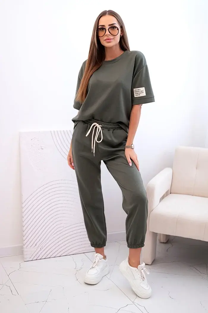 Kesi Włoski Dámský viskózový komplet s krátkým rukávem a nohavicemi khaki