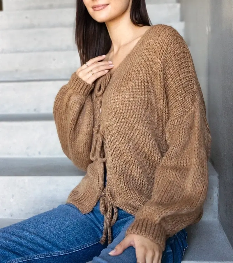 marka niezdefiniowana Brown tie-front sweater Sumaia