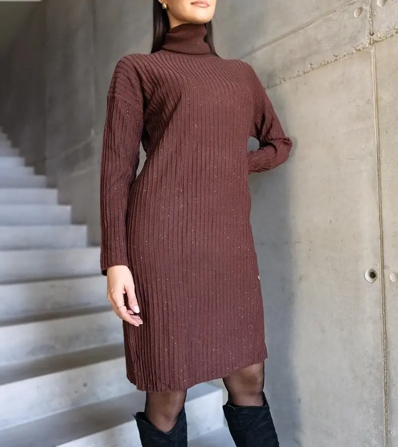 marka niezdefiniowana Brown shimmering midi dress with turtleneck Kusama