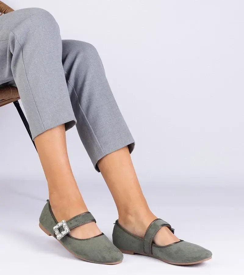 marka niezdefiniowana Green ballet flats adorned with a crystal buckle Demetra