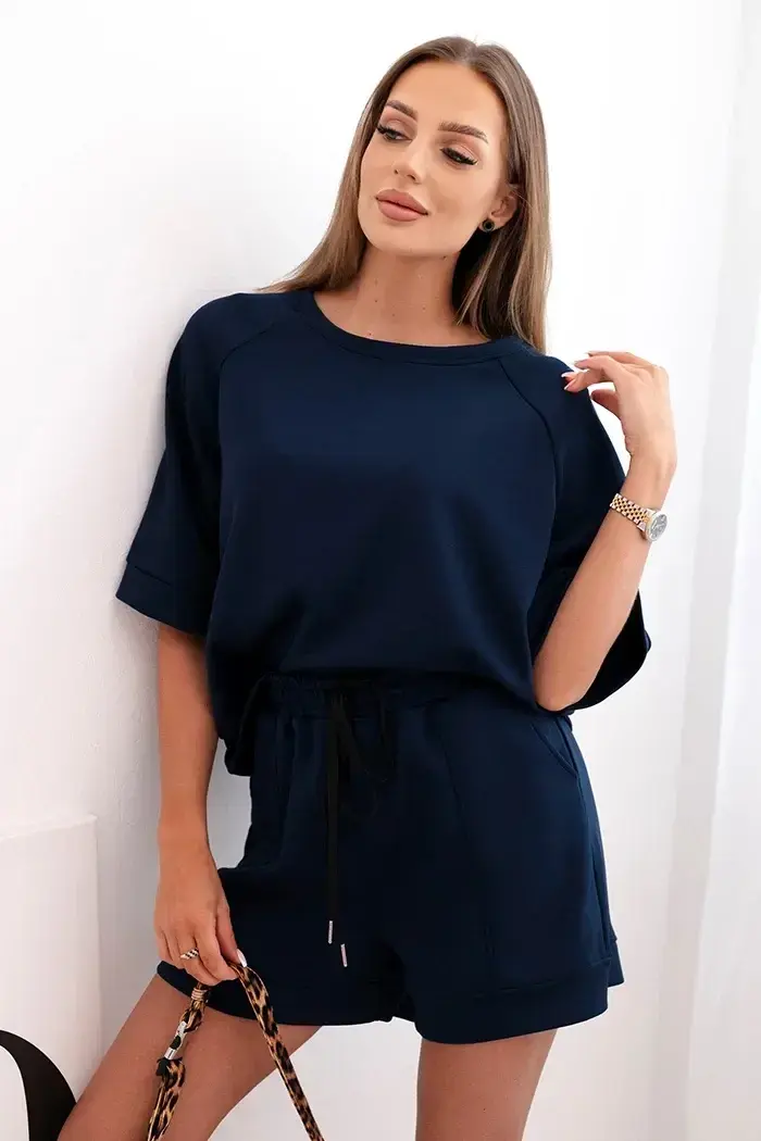 Kesi Włoski Dámská máslová souprava s halenkou s krátkým rukávem a šortkami s gumičkou námořnická modř