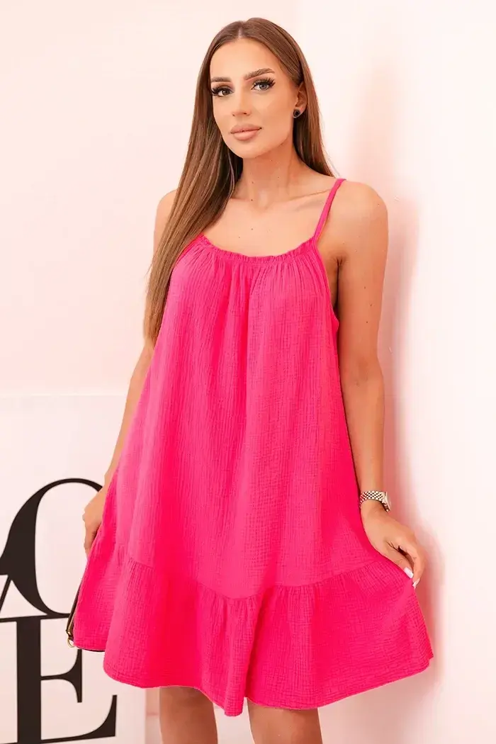 Kesi Włoski Dámské mušelínové šaty s ramínky a volánem růžový pink