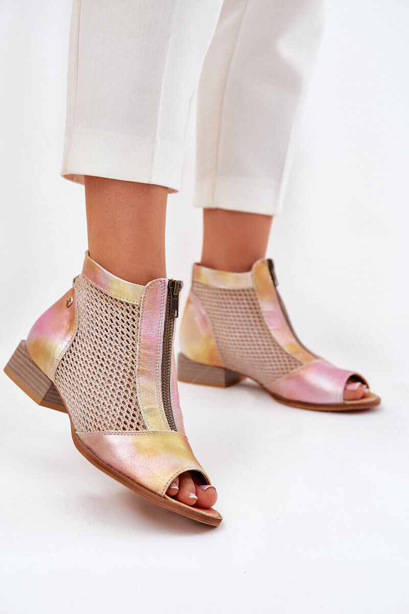 Dámské Kožené Kotníkové Boty Na Plochém Podpatku S Otevřenými Prsty Maciejka Růžovo-Oranžové