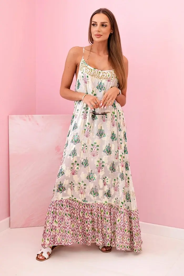 Kesi Włoski Dámské šaty na ramínka ze světlé viskózy s volánem fialka