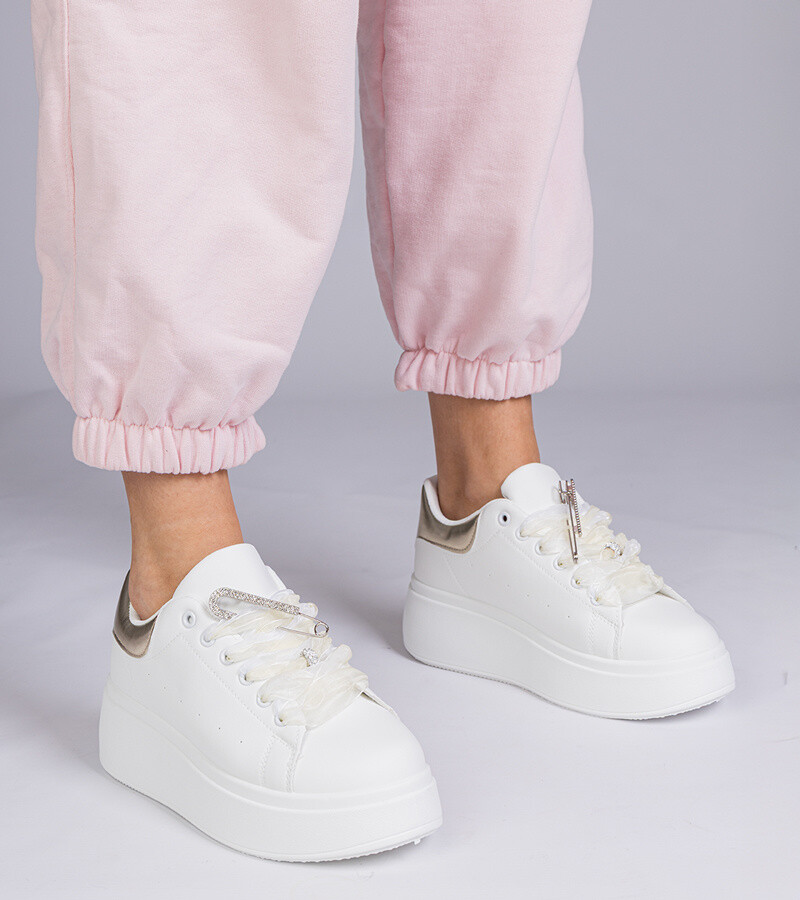 marka niezdefiniowana White sneakers with gold detail and rhinestone heel Floura