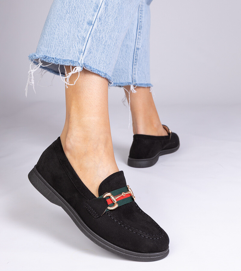 marka niezdefiniowana Black suede loafers with gold decoration Daliana