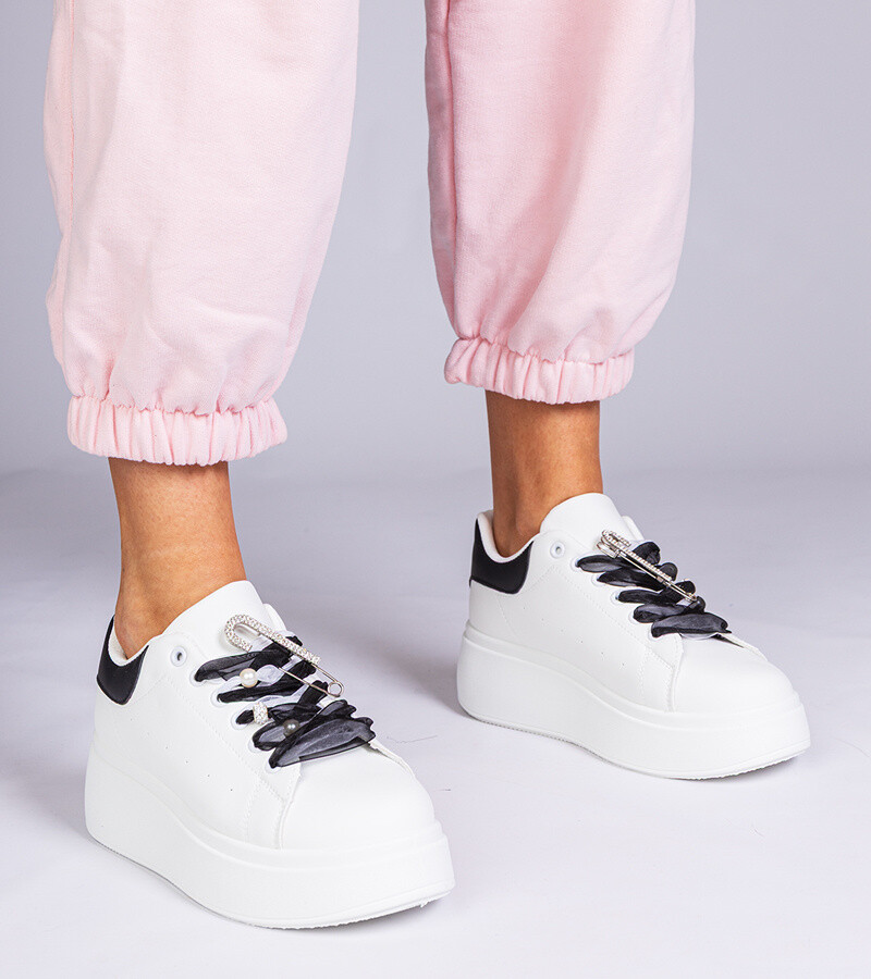 marka niezdefiniowana White sneakers with black detail and rhinestone heel Floura