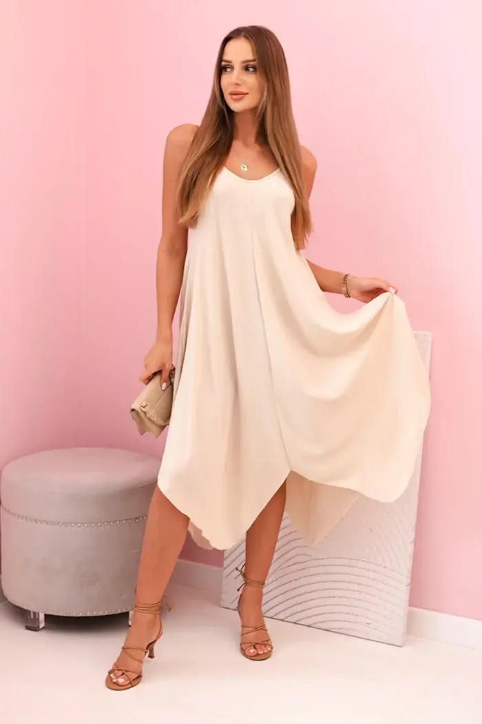 Kesi Włoski Women's dress with straps flared with an asymmetrical hem béžový