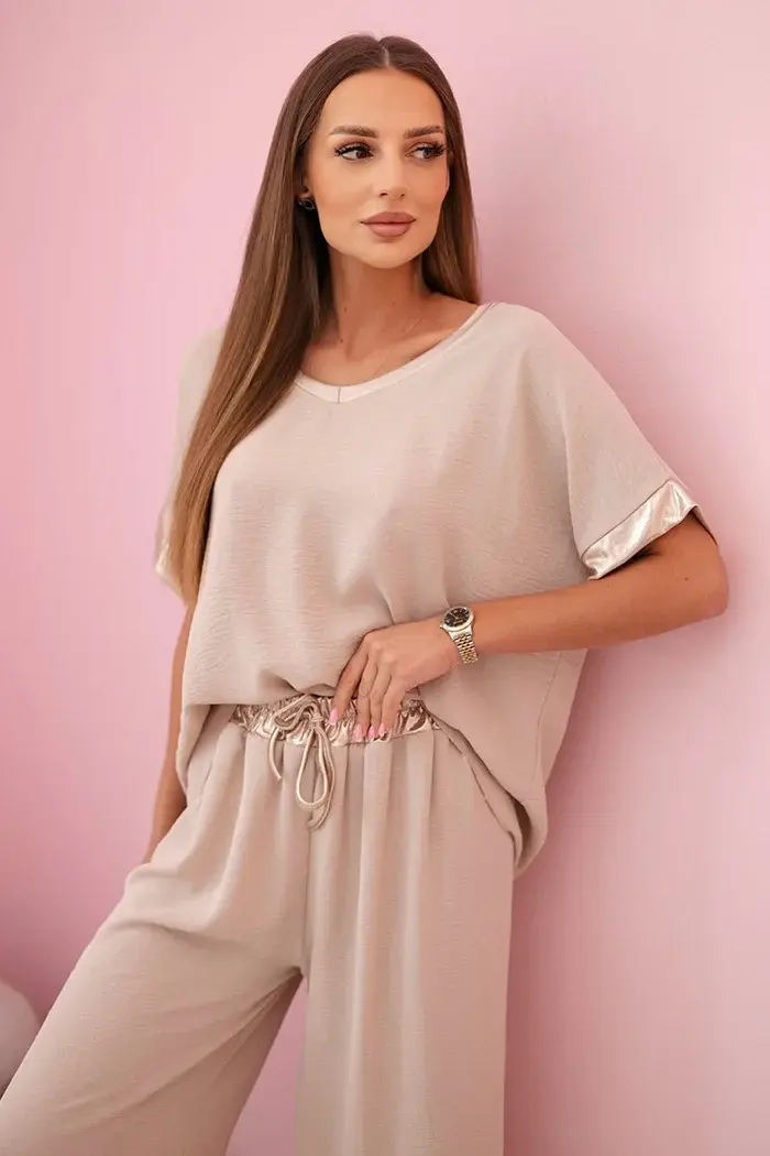 Kesi Włoski Viskózový komplet se zlatým lemováním tmavě béžová