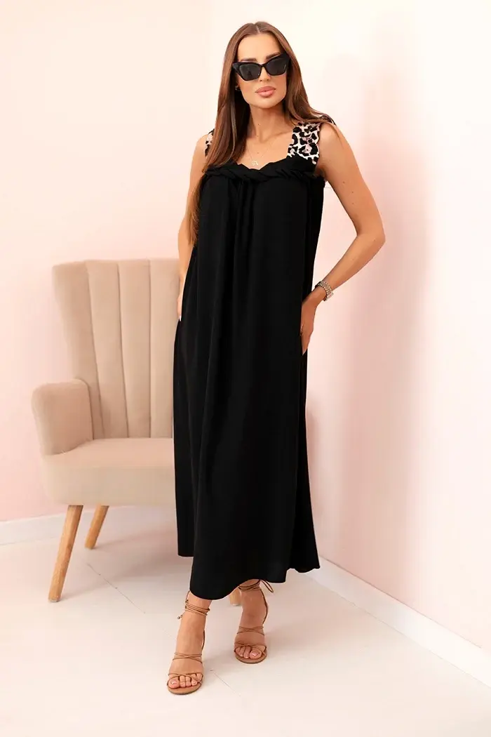 Kesi Włoski Dámské šaty s ramínky s leopardím potiskem černý