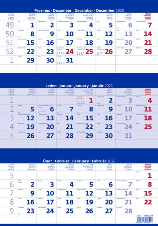 Tříměsíční kalendář modrý 2026 - nástěnný kalendář