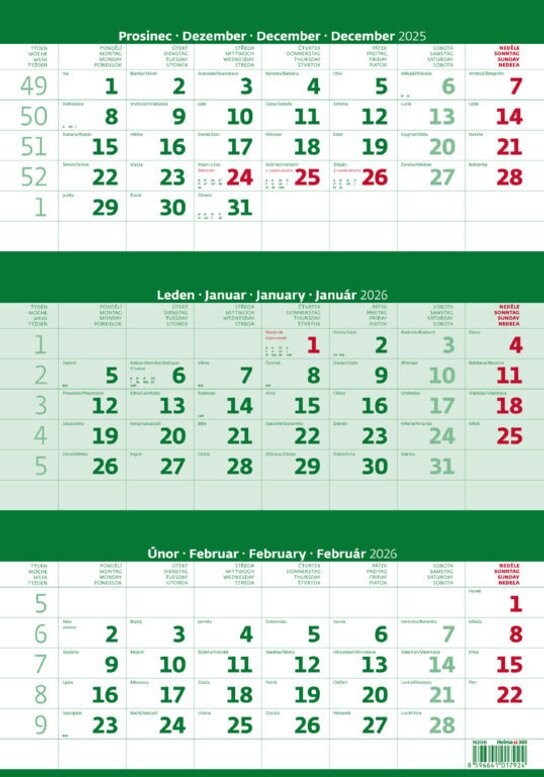 Tříměsíční kalendář zelený 2026 - nástěnný kalendář