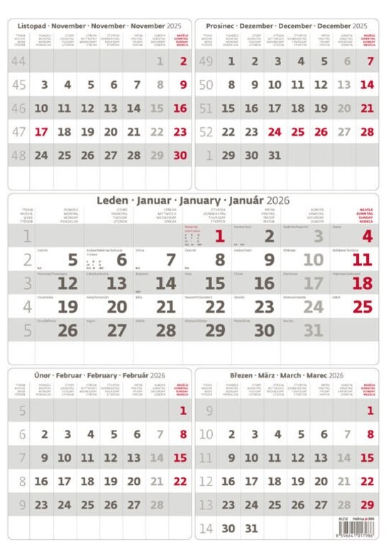 Pětiměsíční kalendář 2026 šedý - nástěnný kalendář
