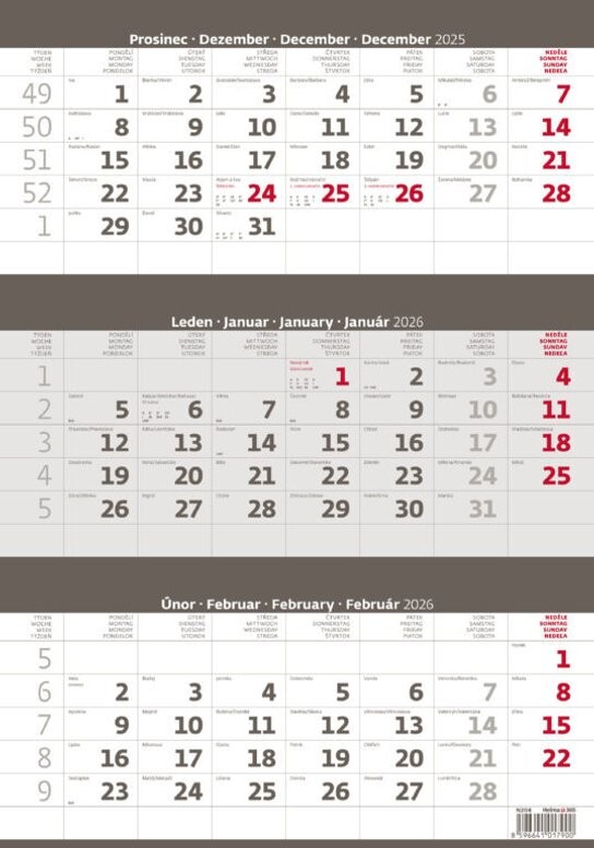 Tříměsíční kalendář šedý 2026 - nástěnný kalendář