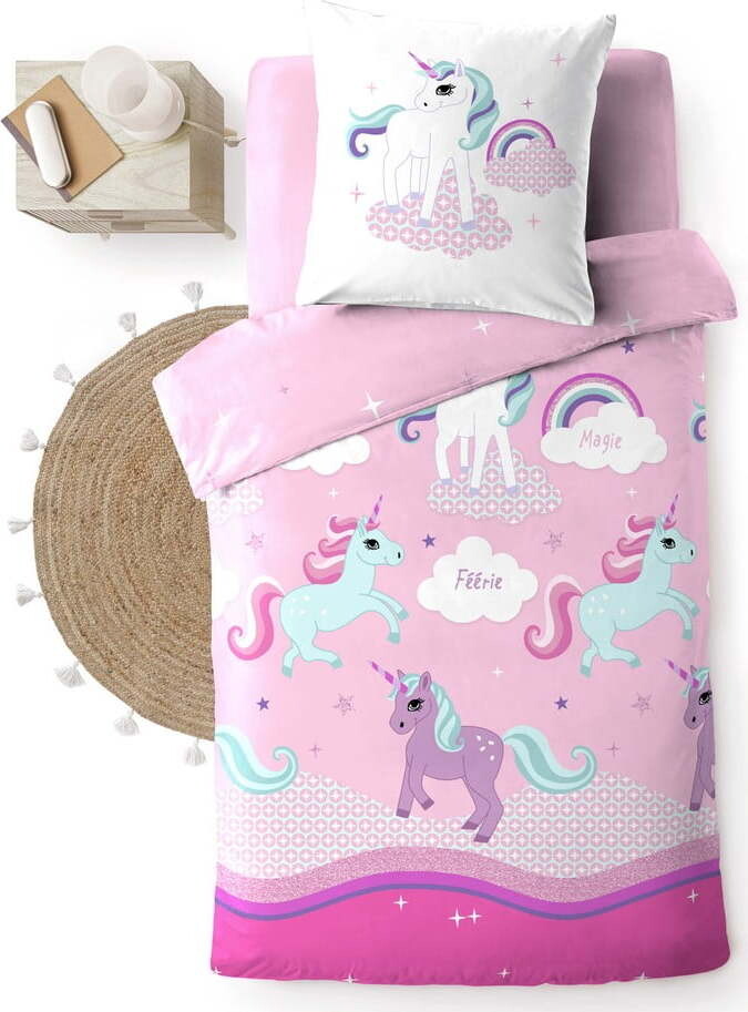 Růžové bavlněné dětské povlečení na jednolůžko 140x200 cm Licorne – douceur d'intérieur