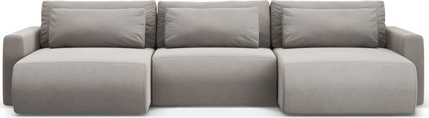 Světle šedá sametová rozkládací rohová pohovka s úložným prostorem (do 